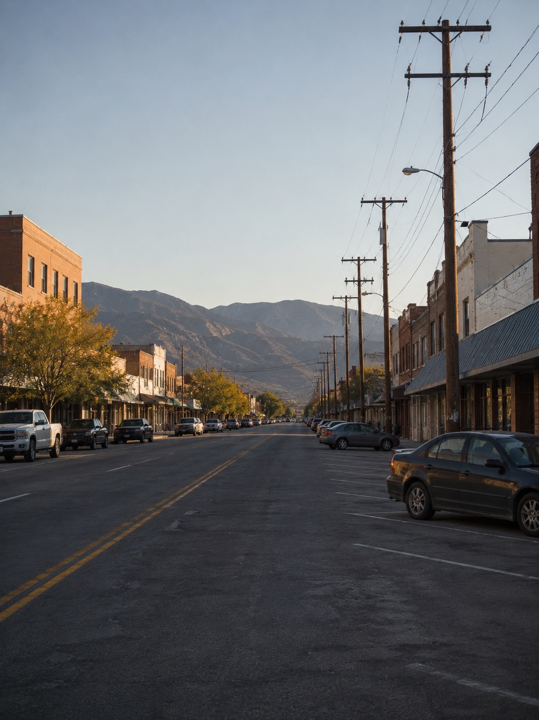 A wide main street of low brick storefronts in a Colorado town, with the foothills rising beyond it in late afternoon light